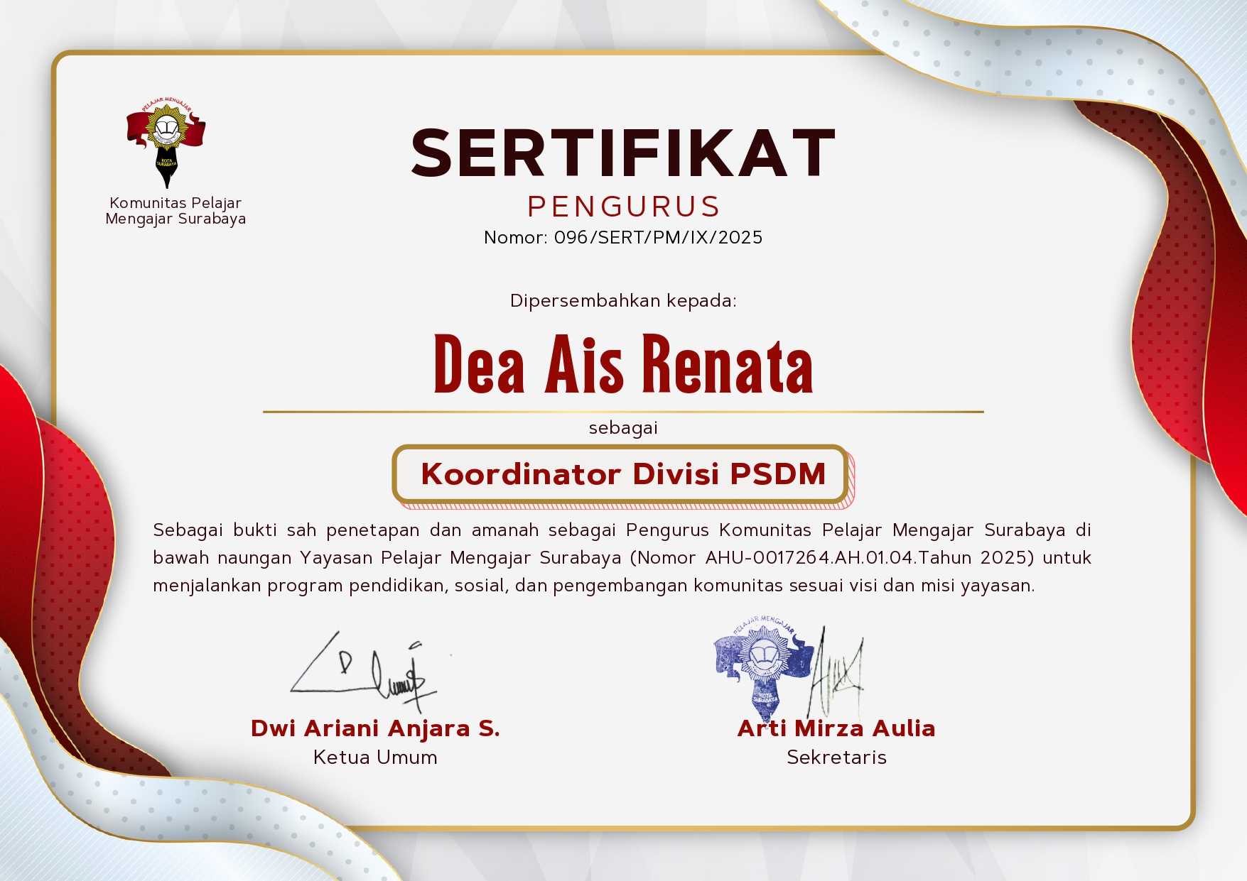 Sertifikat Pengurus PelajarMengajar Surabaya